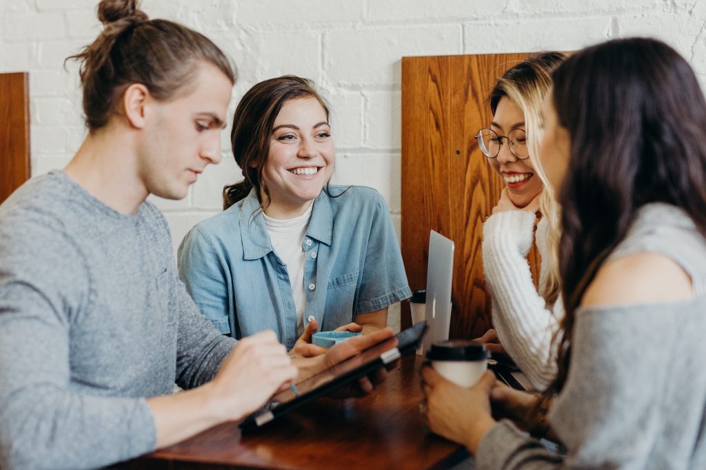 a team of employees discussing work