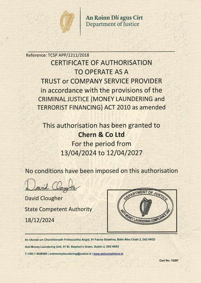 Certifiacate of authorisation to operate as a trust or company service provider