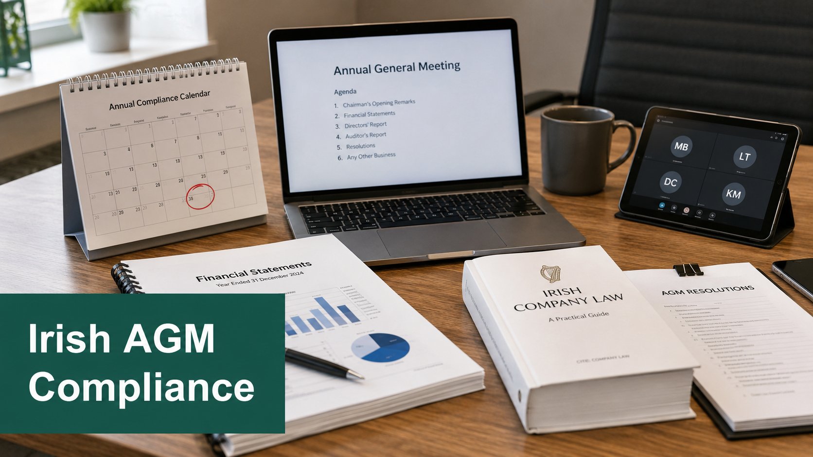 A professional business desk prepared for an Irish company annual general meeting, with neatly arranged financial statem