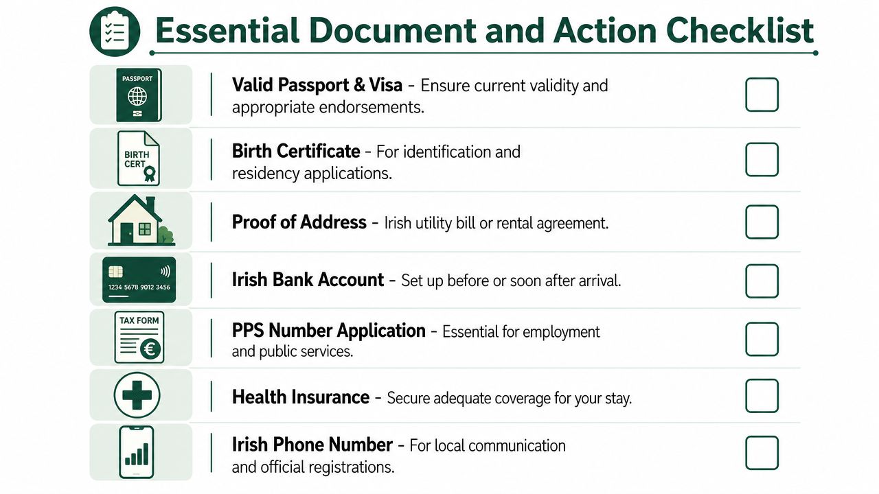 A checklist for Americans living in Ireland featuring essential documents and actions required for relocation.