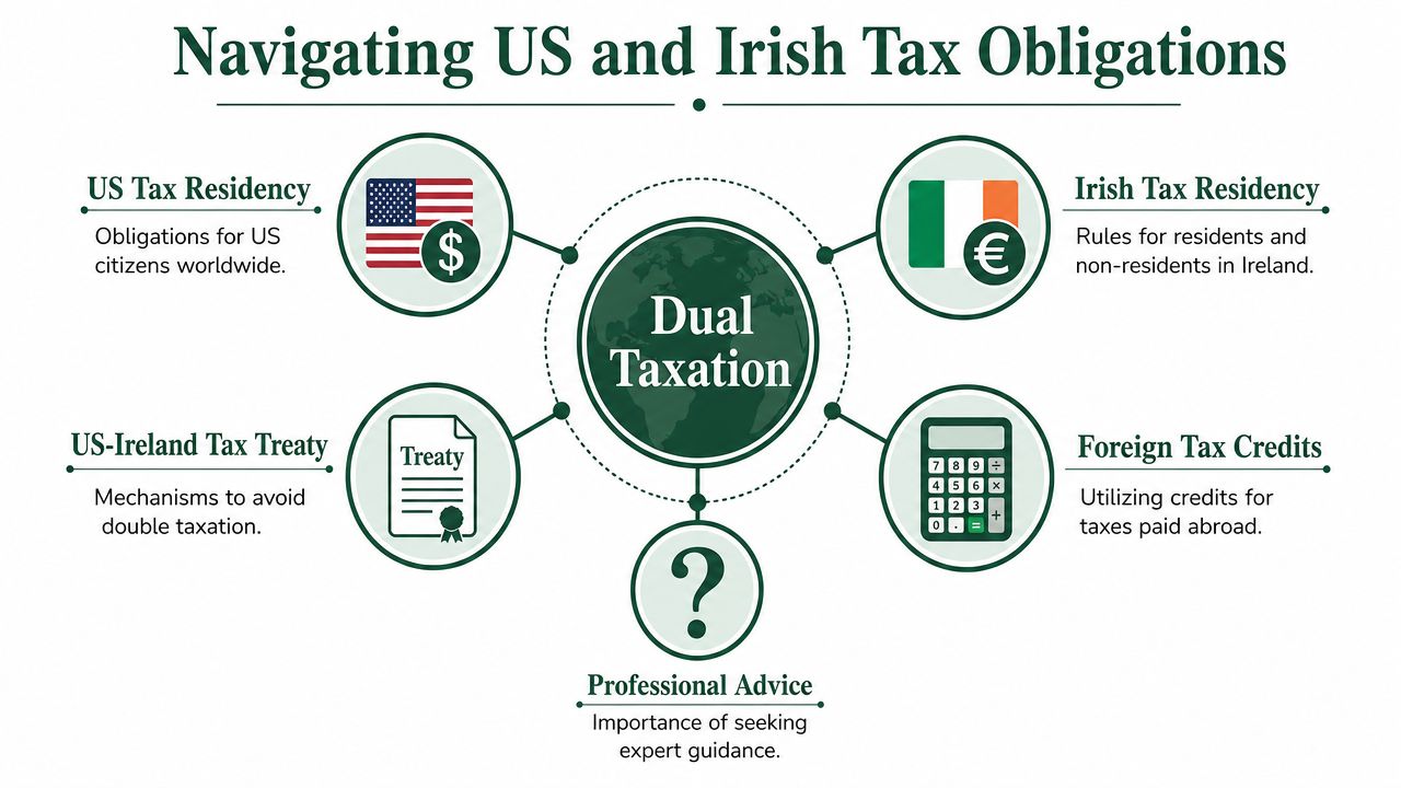 A diagram illustrating the concepts of dual taxation for Americans living in Ireland, including tax residency and credits.