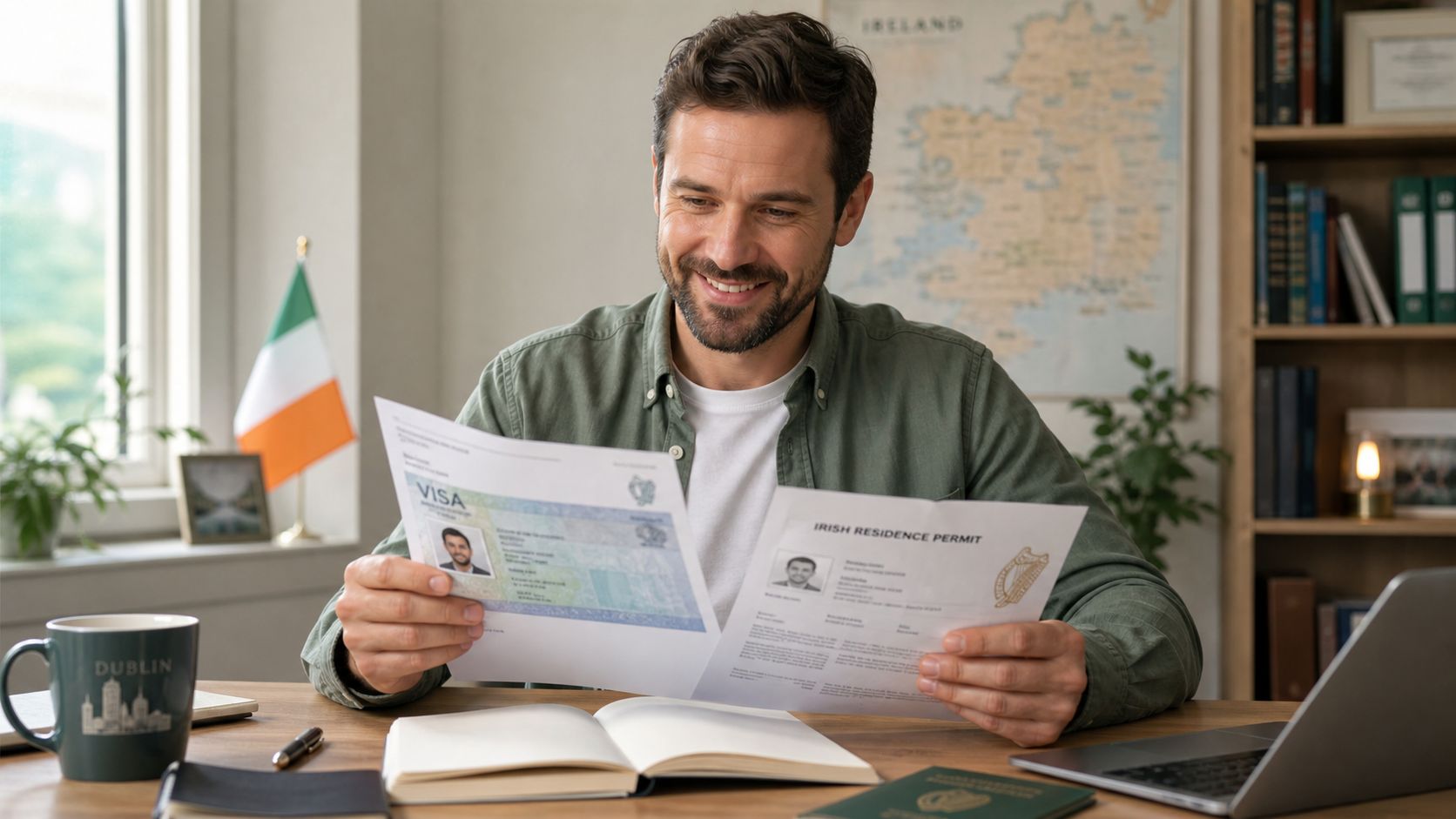 A happy man holding an Irish visa and residence permit document at his home desk in Ireland.
