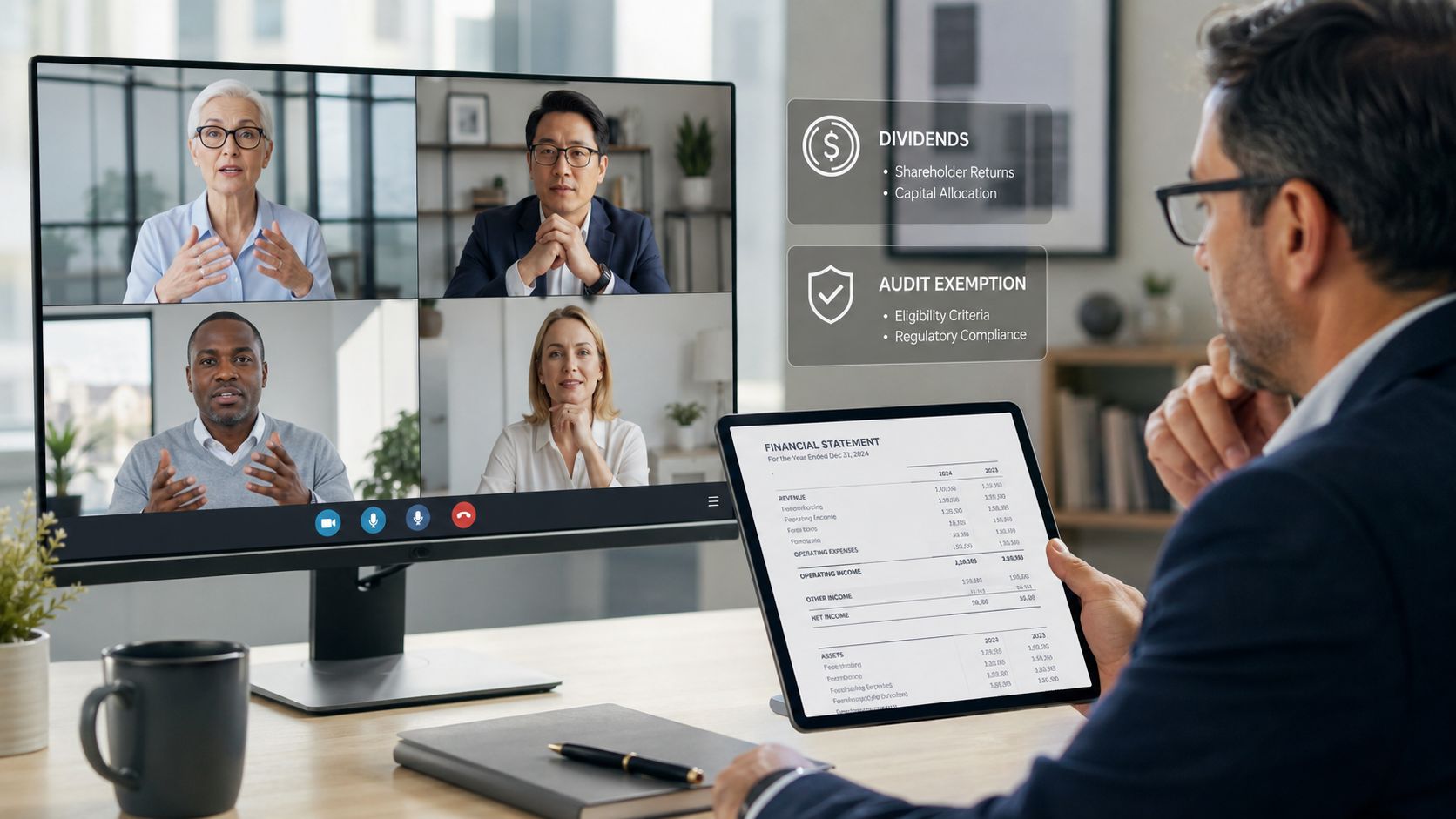 A professional man participates in a video conference meeting while reviewing financial statements on a digital tablet.