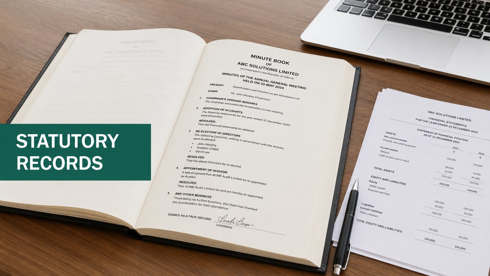 An open company minute book on a wooden desk, showing neatly formatted AGM meeting minutes beside a pen, financial state