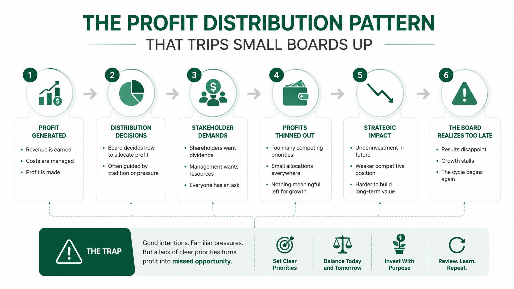 An infographic showing the six-step profit distribution pattern that often creates missed opportunities for small boards.
