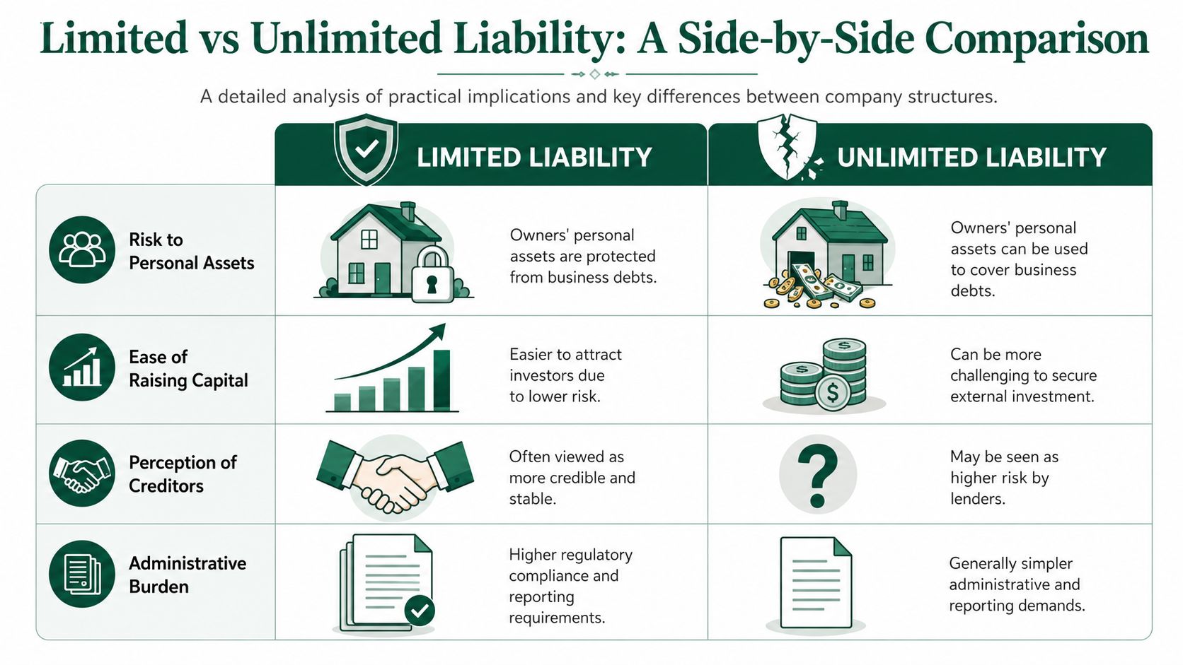 A comparison table contrasting the key differences between limited and unlimited liability business structures for owners.