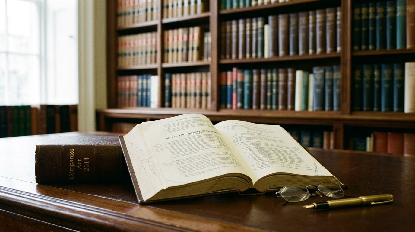 A leather-bound Companies Act 2014 book and an open law book on a wooden desk in a library.