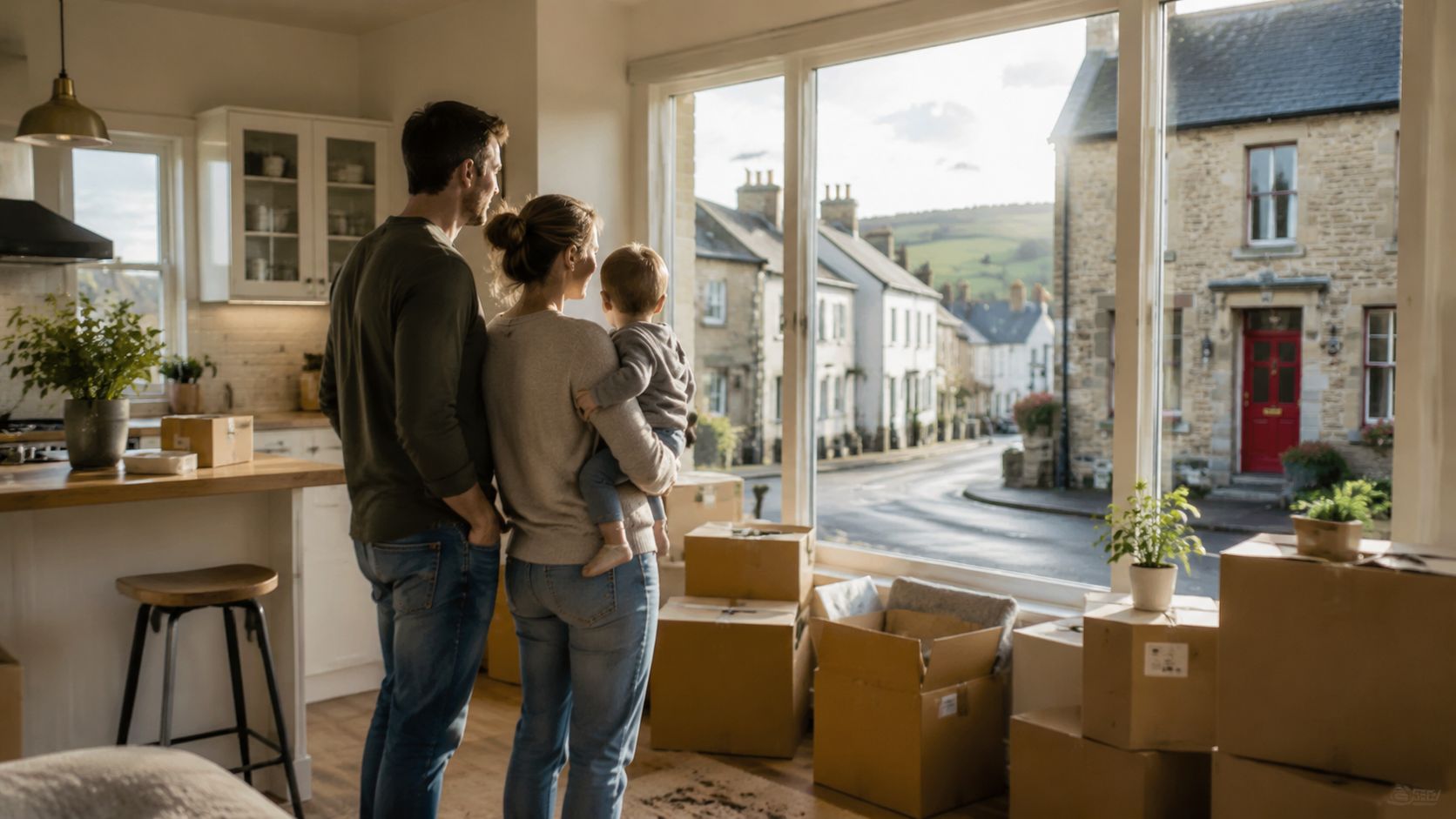A young family looking out the window of their new home at a beautiful Irish neighbourhood street.