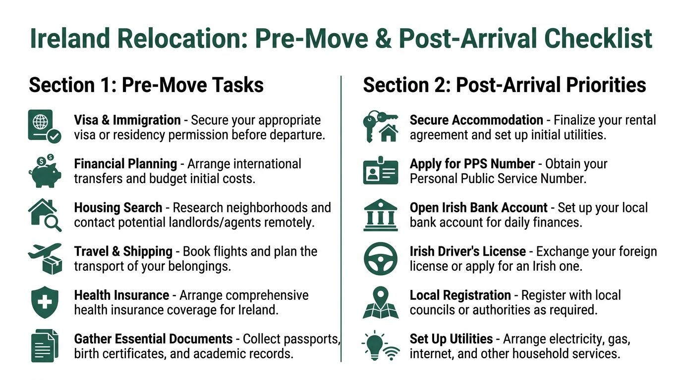 A helpful infographic checklist for people planning to relocate to Ireland, covering pre-move and post-arrival priorities.