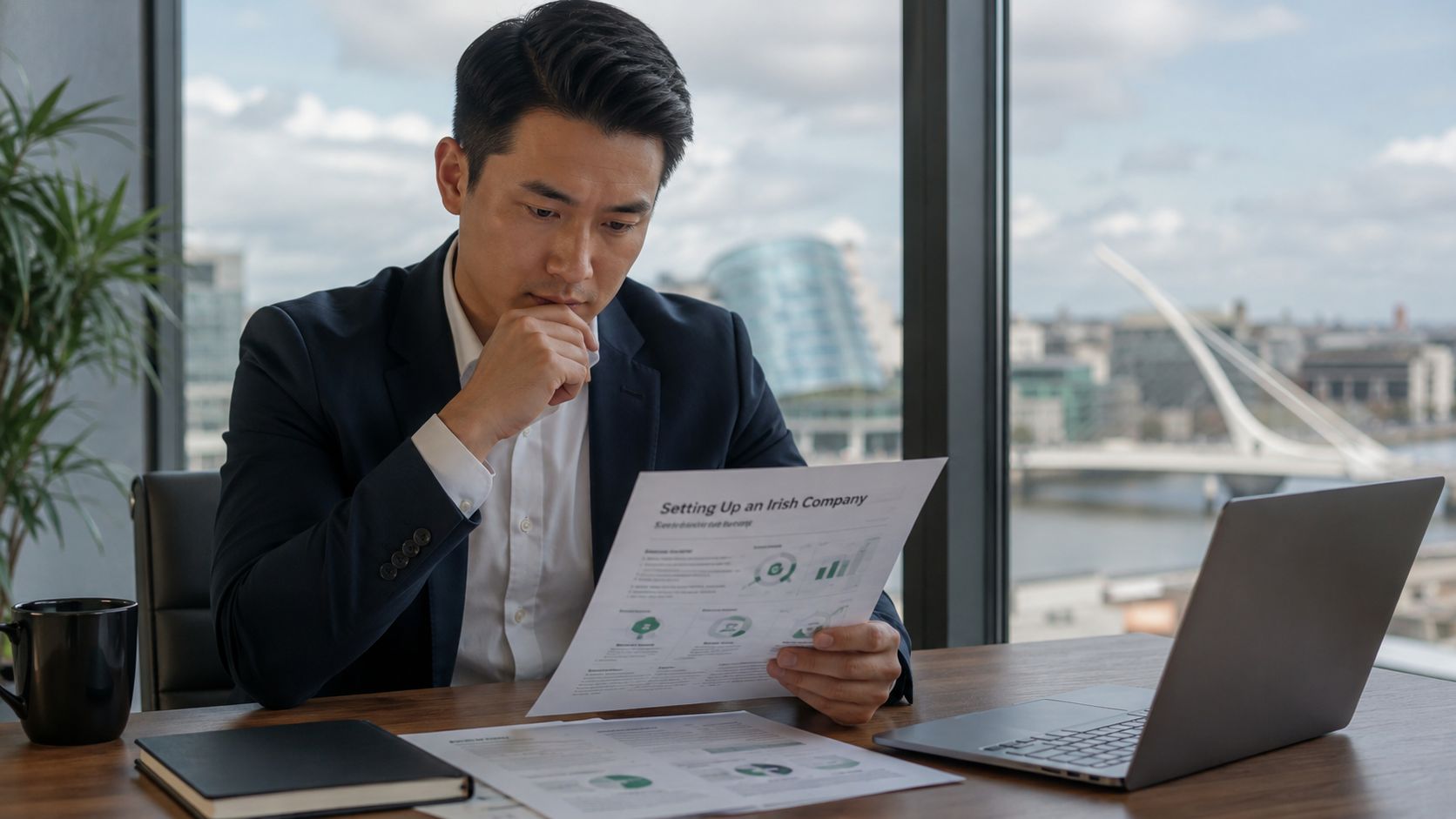A professional man in a business suit reviewing document about starting an Irish company at his desk.