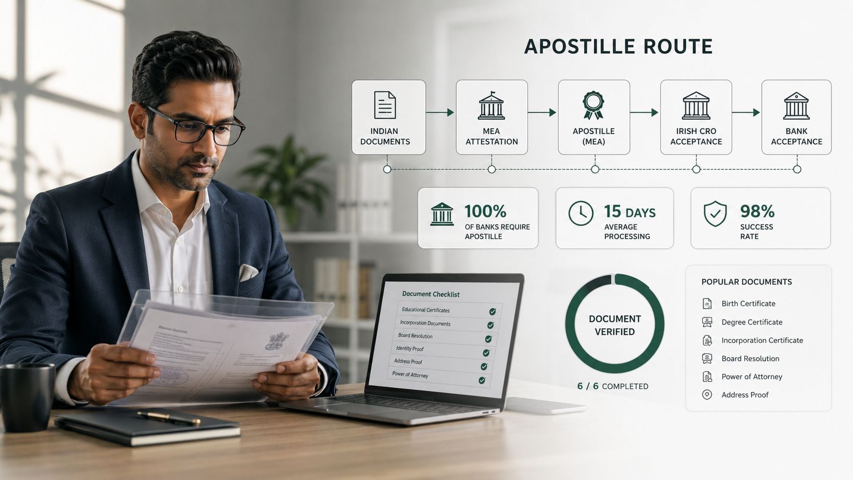 A professional man reviewing documents for an Indian company apostille process for Irish business integration.