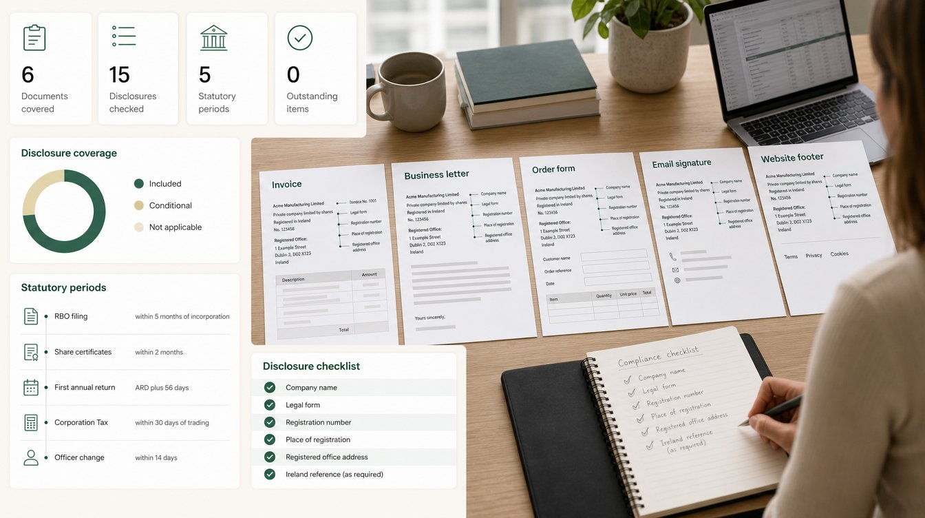 Invoice, business letter, order form and website footer side by side as separate compliance surfaces.