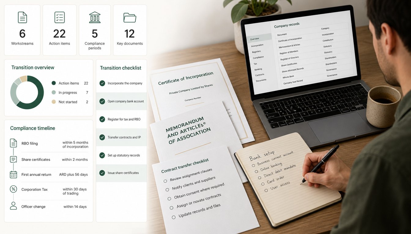 A practical business transition checklist for an Irish founder moving from sole trader to limited company, shown as a de