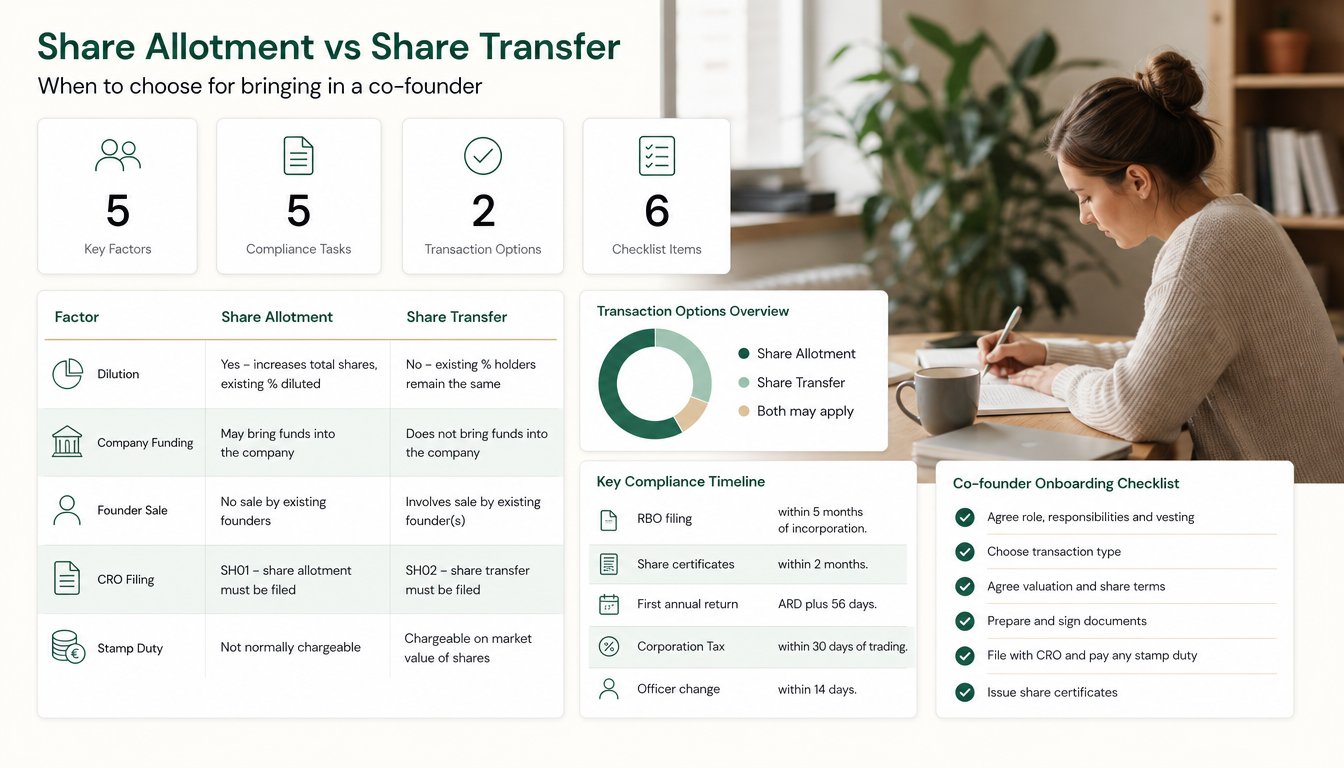 A clear comparison chart for an Irish company article showing when to choose share allotment versus share transfer for b