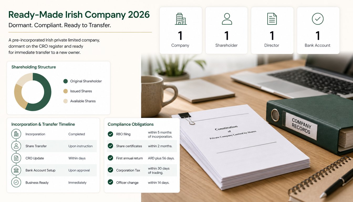 A professional infographic-style scene explaining a ready-made Irish company in 2026, showing a dormant pre-incorporated