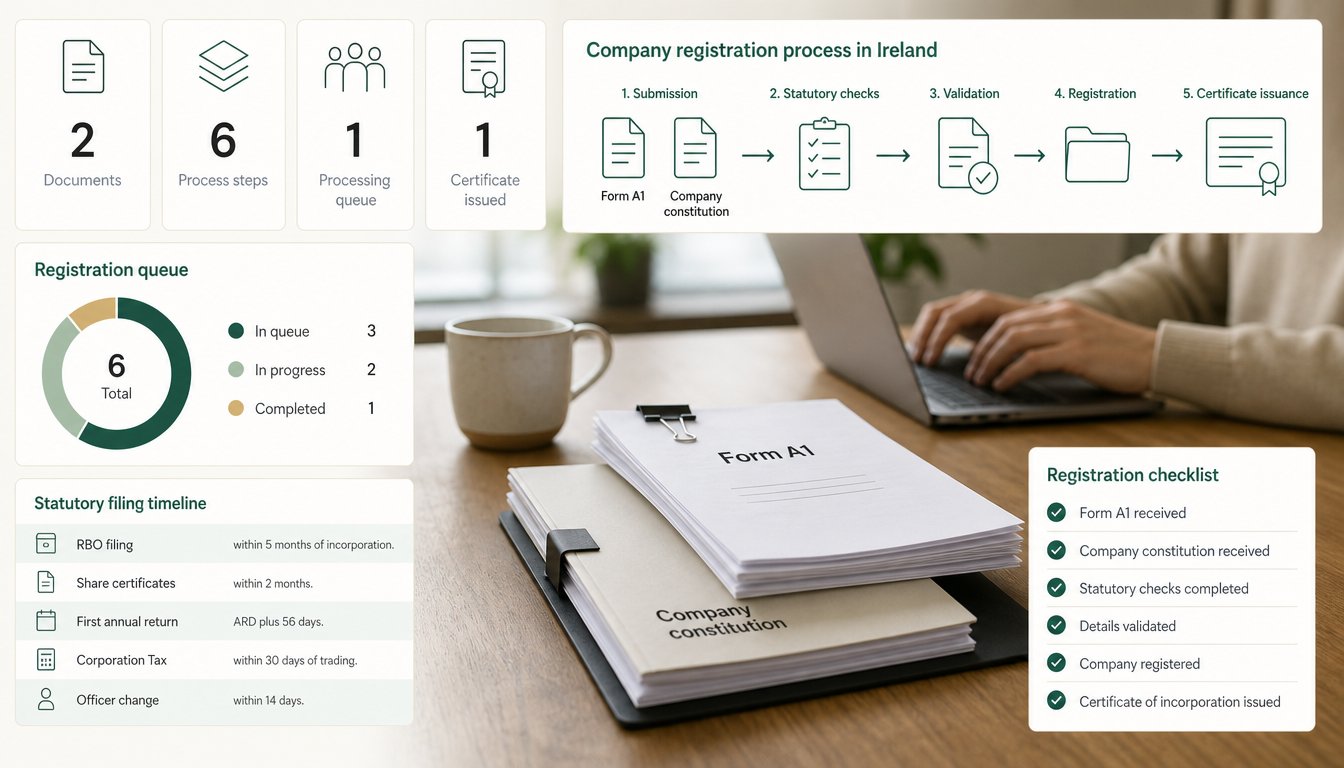 Form A1 and the company constitution moving through the CRO registration sequence.