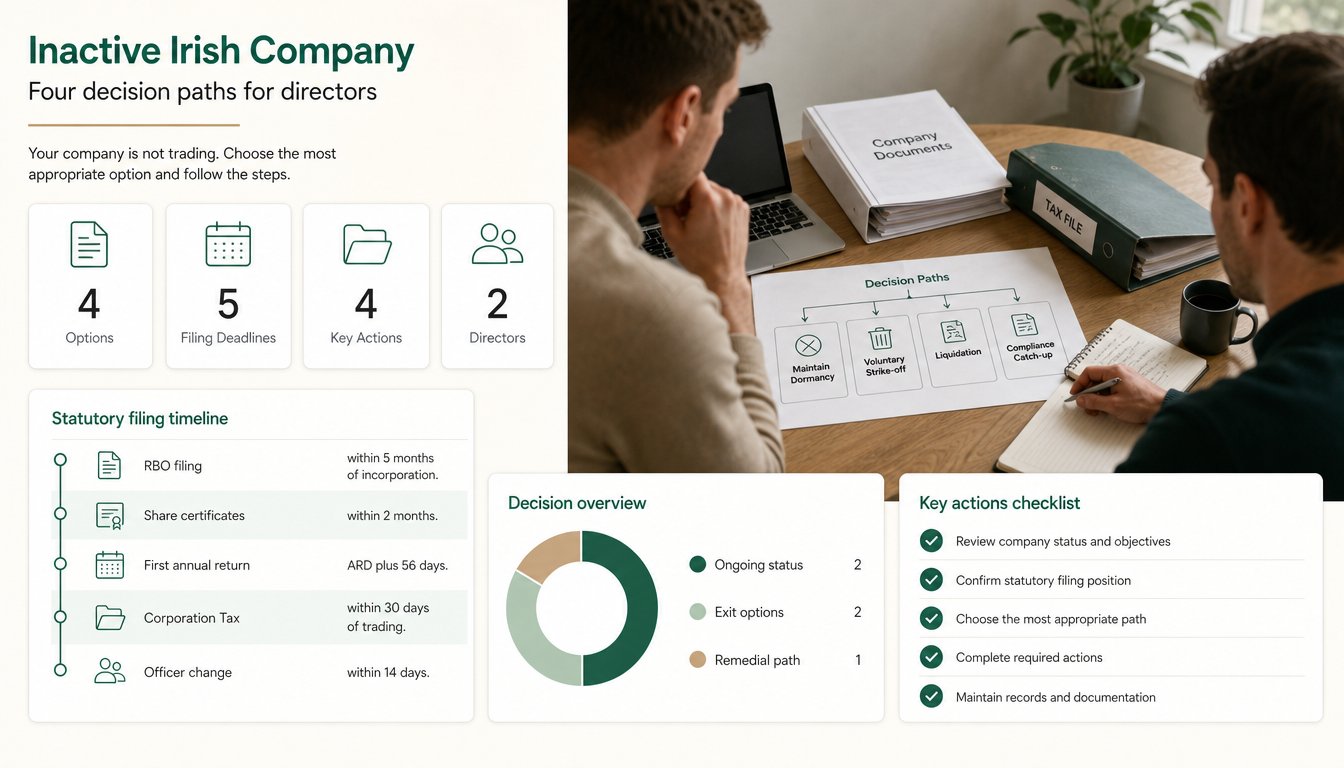 An infographic for an inactive Irish company showing four decision paths: maintain dormancy, voluntary strike-off, liqui