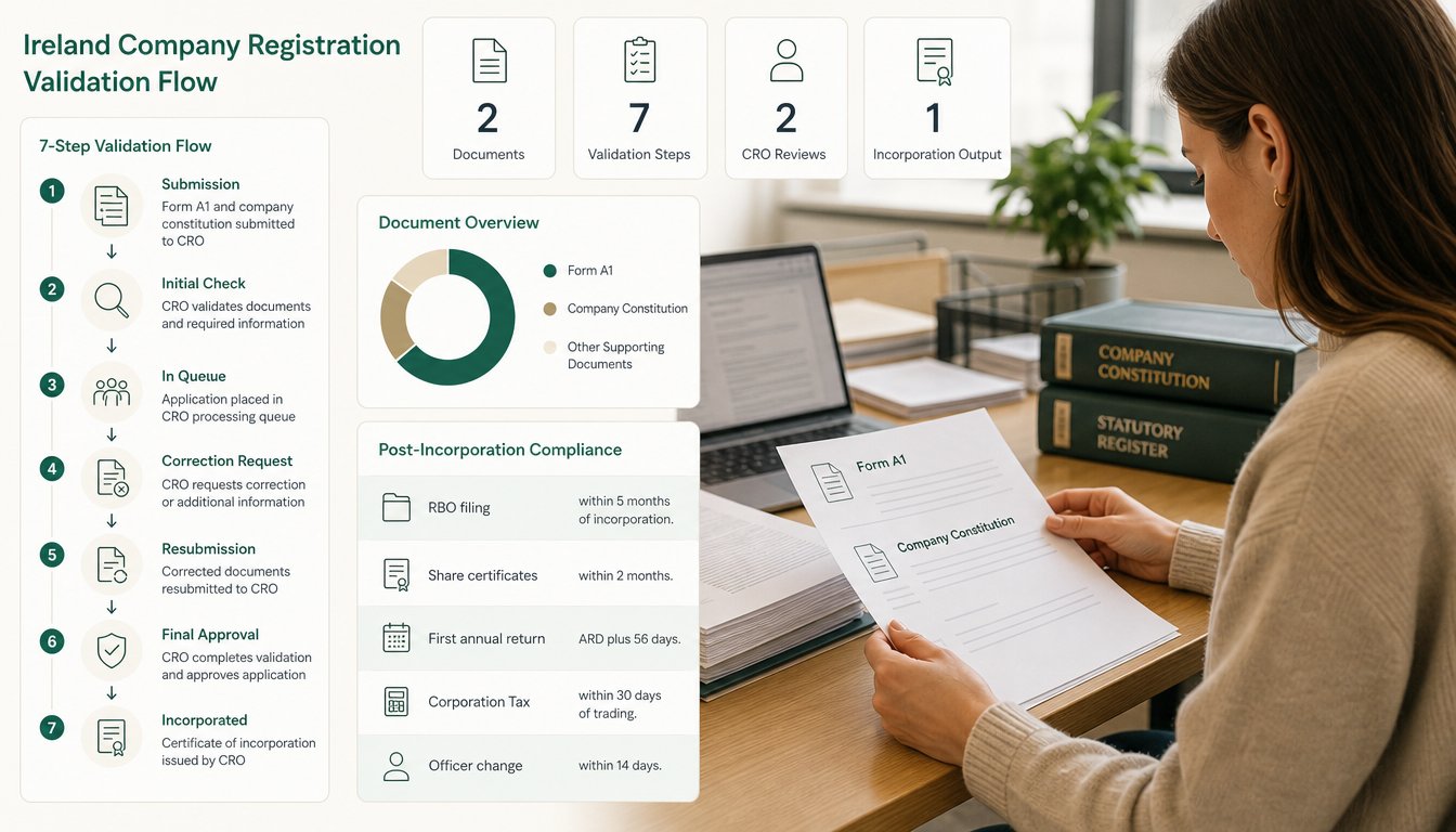The CRO's validation checks on Form A1 and the constitution, step by step.