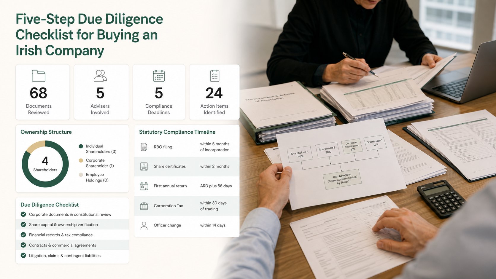 A clear five-step due diligence checklist for buying an Irish company, showing documents, CRO and RBO verification, owne