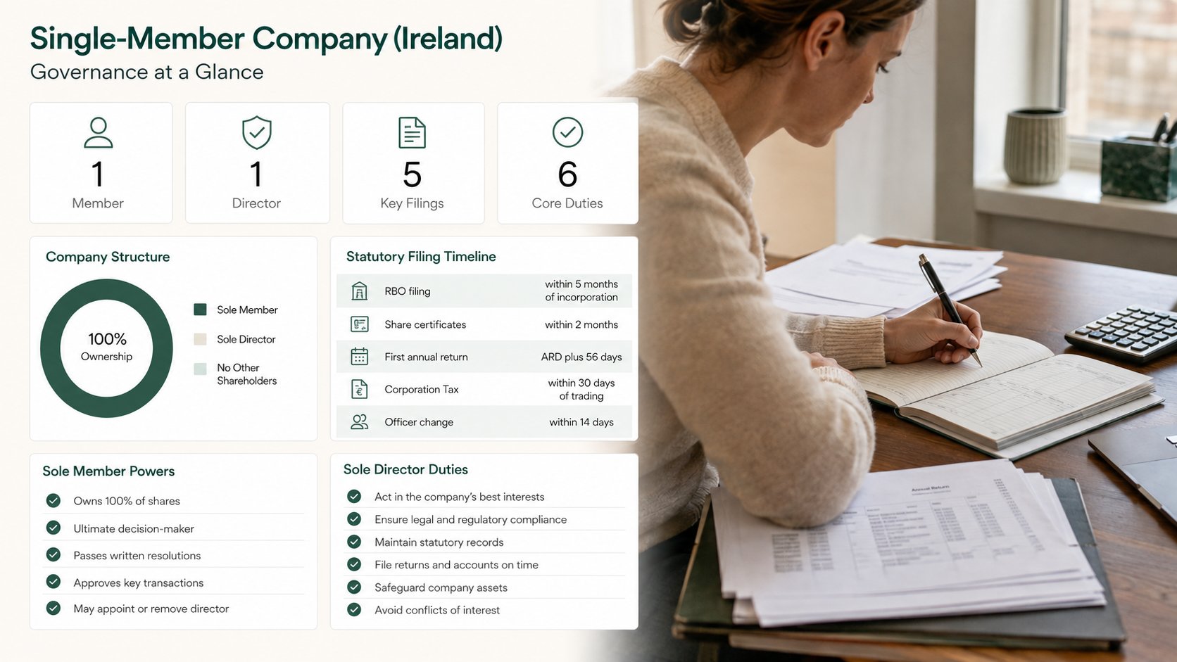 A clear corporate governance comparison for an Irish single-member company, showing one side for sole member powers such