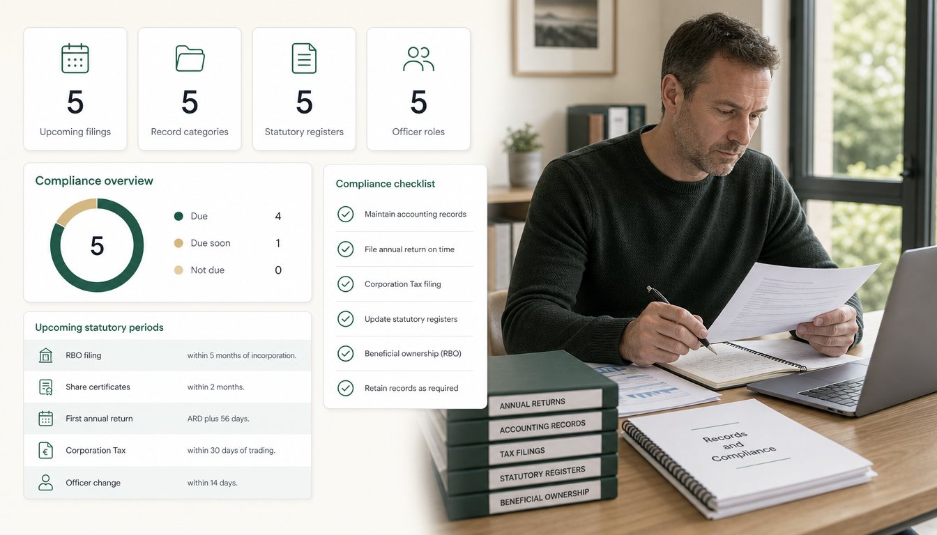 A business owner in Ireland reviewing limited company compliance duties at a desk, with clear visual cues for annual ret