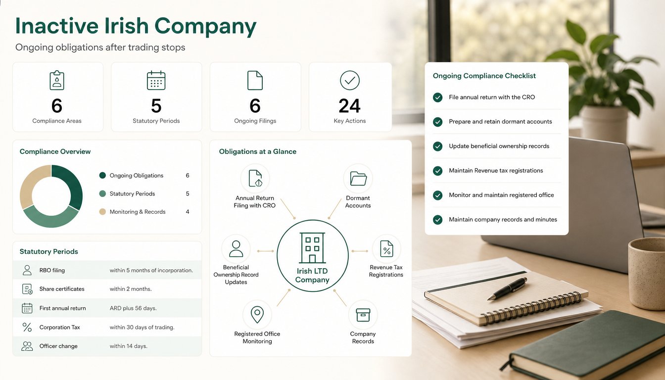 A clear visual diagram for an inactive Irish company, showing ongoing obligations after trading stops: annual return fil