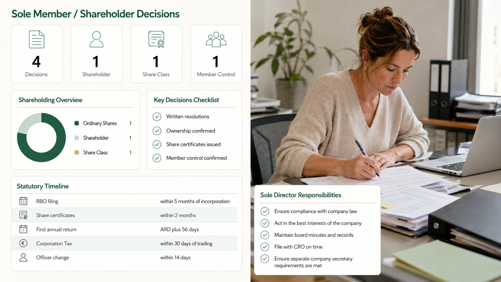 An infographic for an Irish single-member company comparing sole member powers and sole director duties. Show a clean si