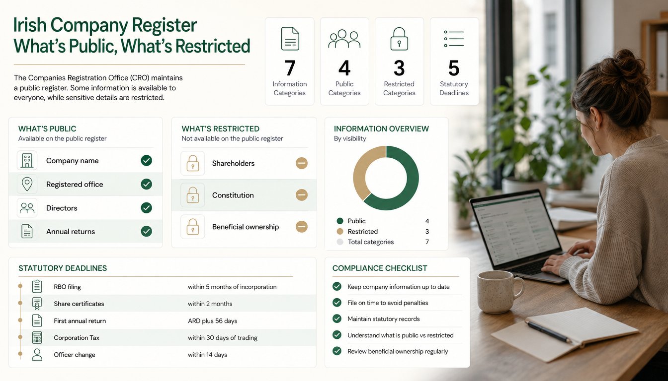 An infographic about what information is public on the Irish company register versus what stays restricted, showing clea