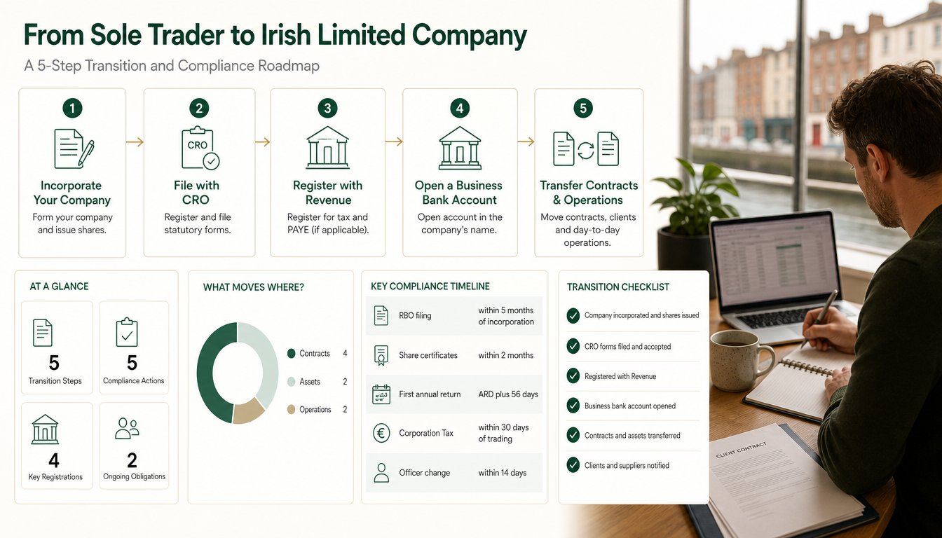 A clear step-by-step business transition infographic for Ireland, showing a founder moving from sole trader status to an