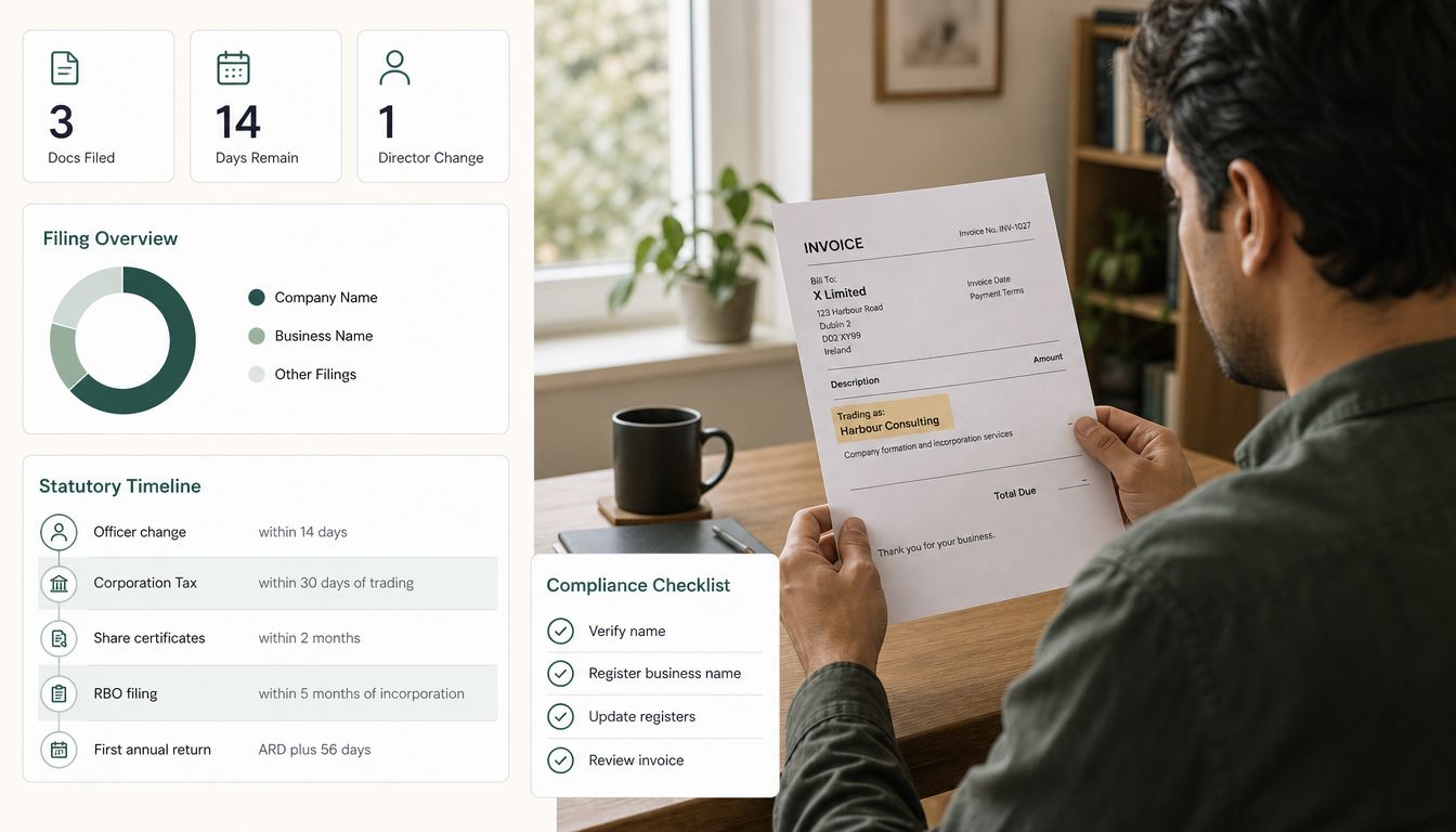 A person holding an invoice in an office setting with a digital compliance dashboard displayed alongside.