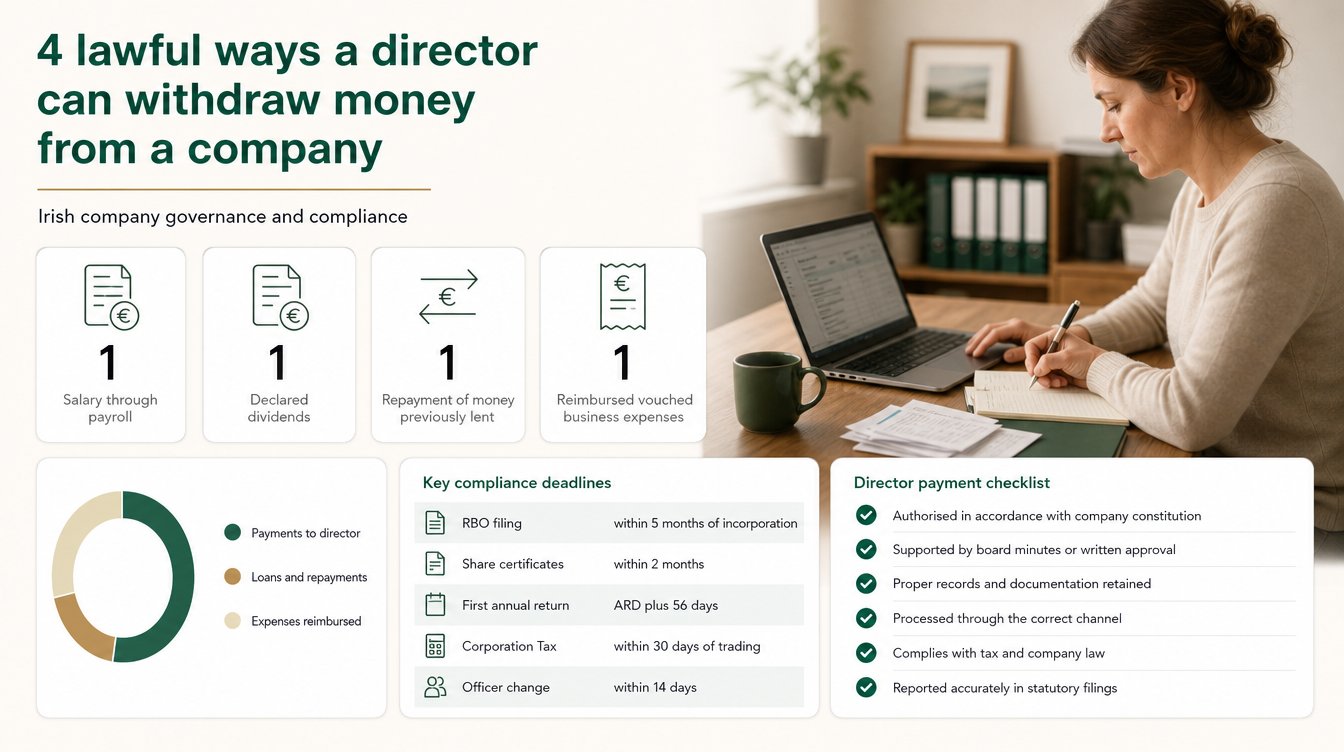 An infographic for an Irish company compliance article, showing four lawful ways a director can withdraw money from a co