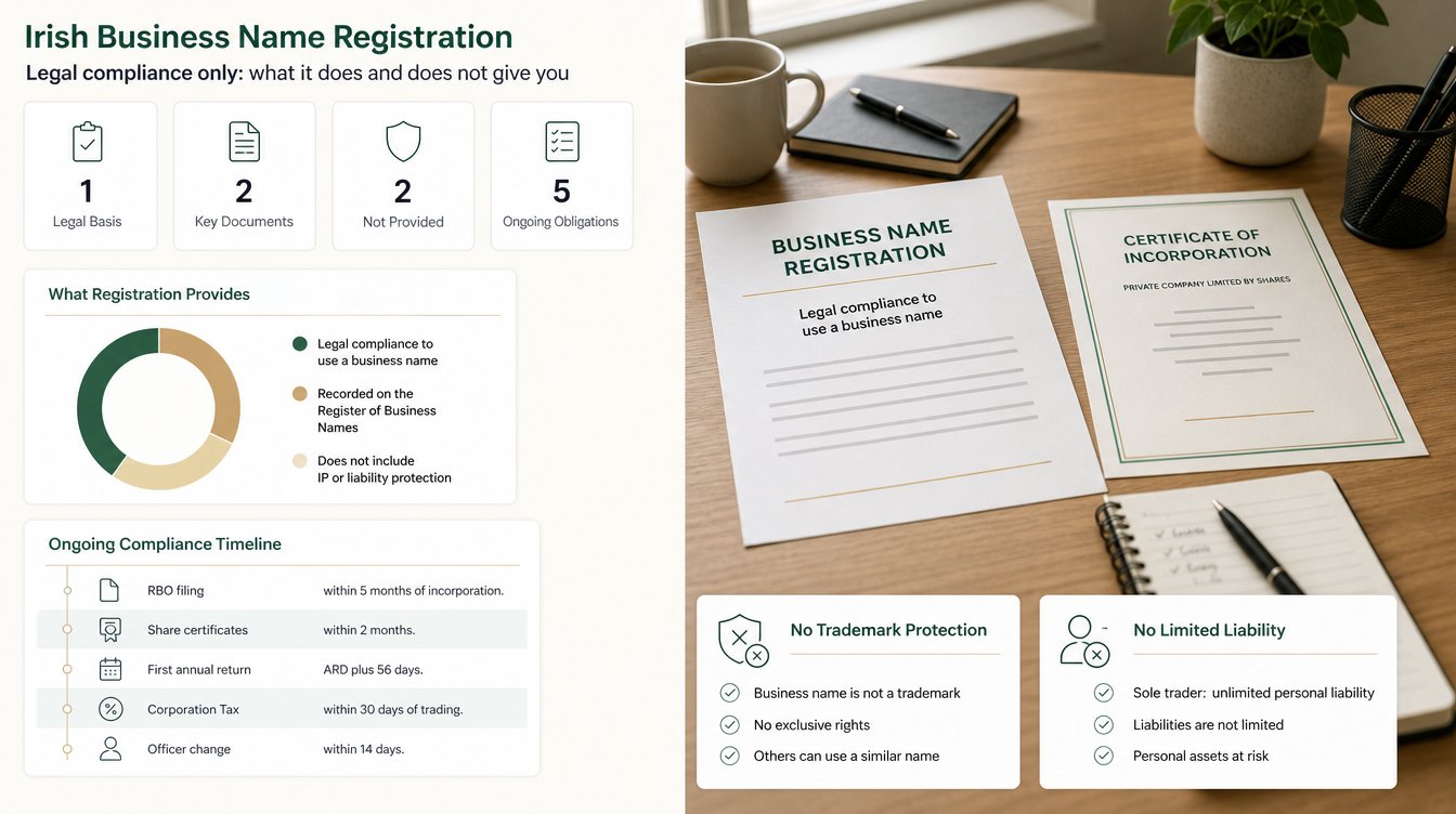 A registered business name shown as a trading identity beside the incorporated company name.
