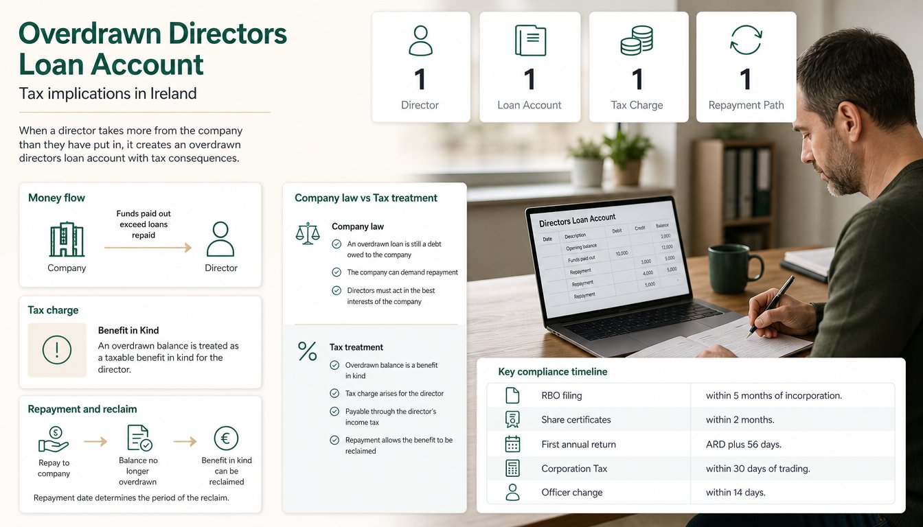 An infographic for an Irish company compliance article explaining the tax implications of an overdrawn directors loan ac