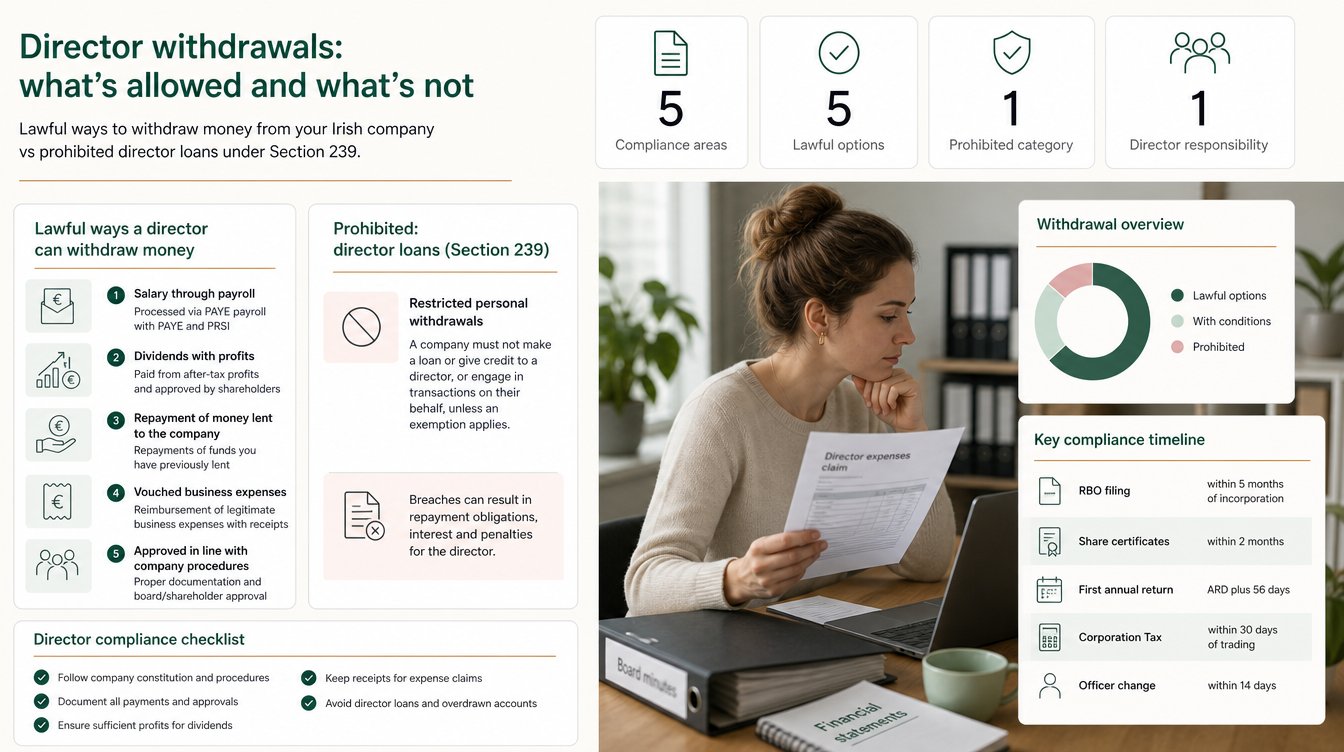 An infographic for an Irish company compliance article showing lawful ways a director can withdraw money from a company 