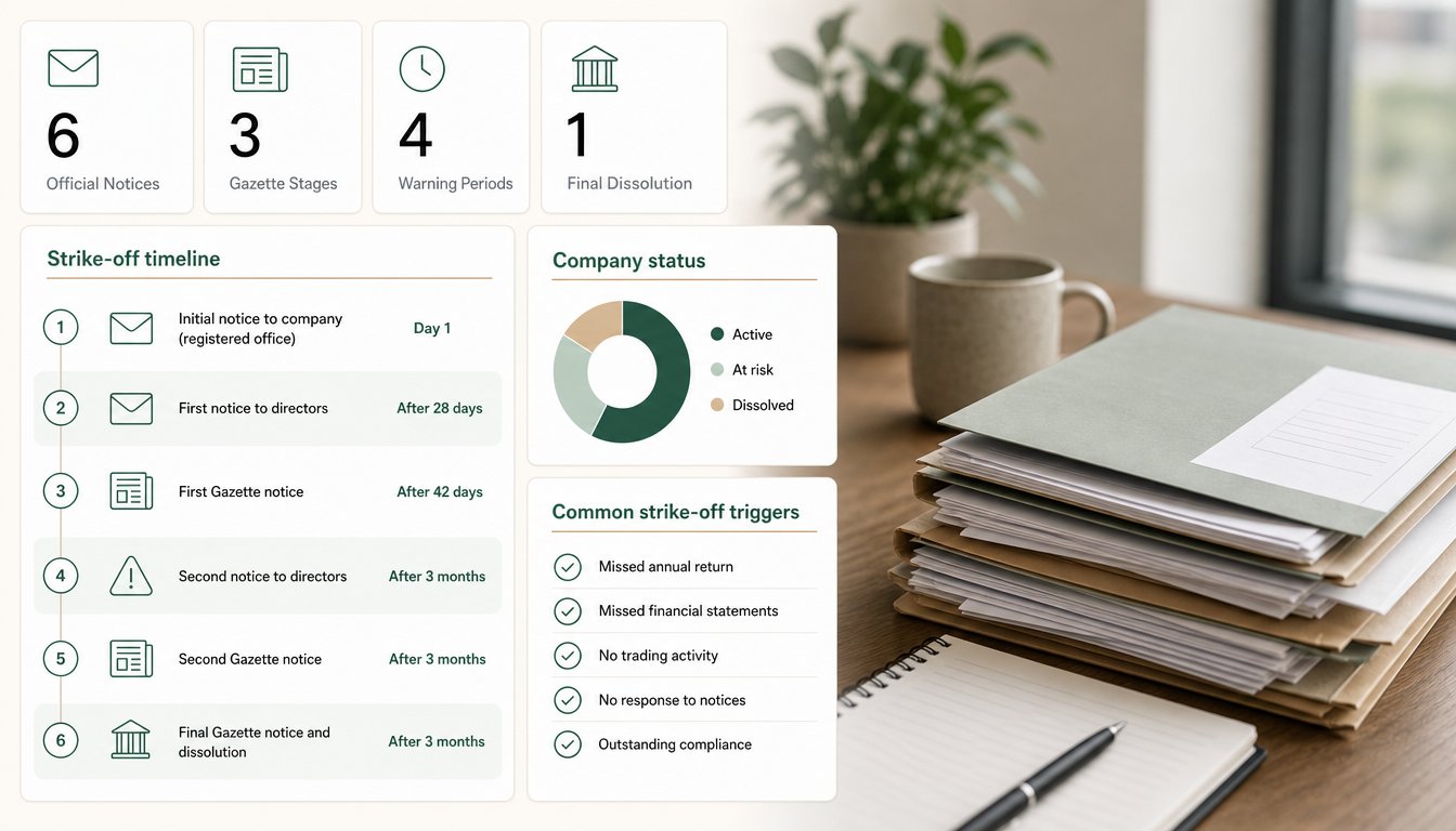 A clear infographic for an Irish company CRO strike-off process, showing a step-by-step timeline with official notices s