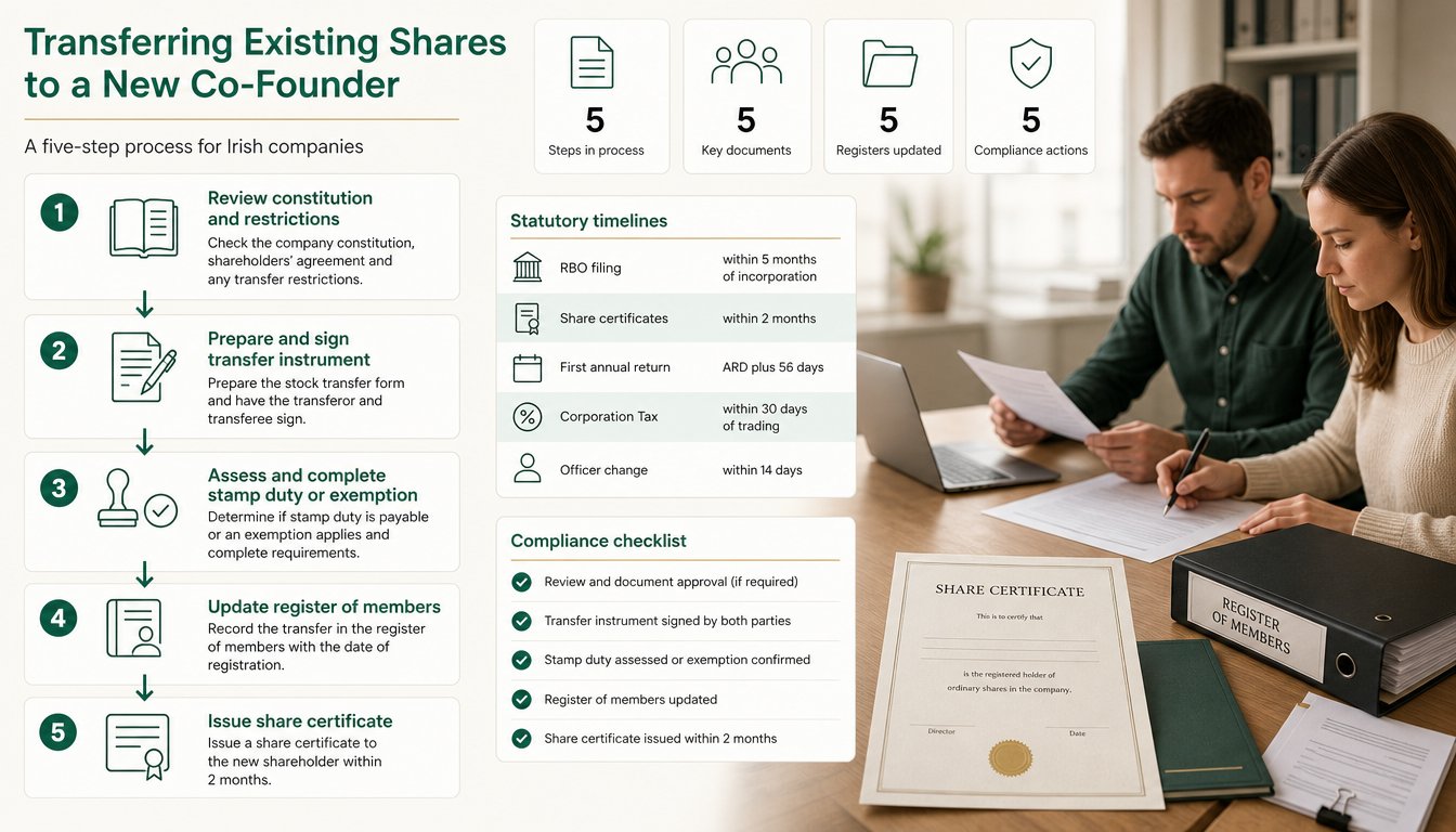 A clear flowchart for an Irish company article showing the process of transferring existing shares to a new co-founder. 