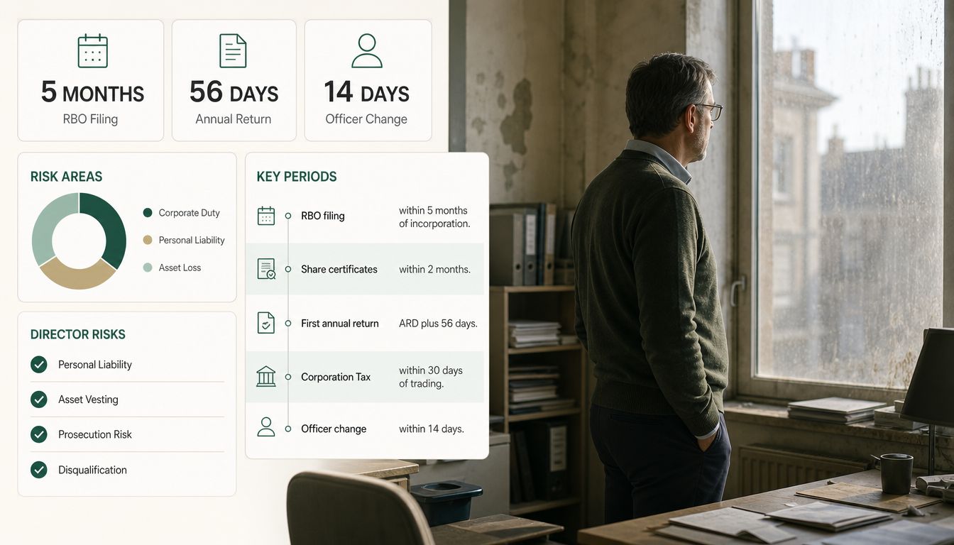 Infographic detailing legal filing deadlines and director risks for Irish companies next to a pensive man.