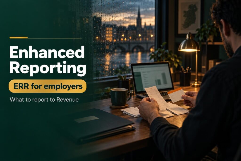 Enhanced reporting requirements in Ireland: employer reviewing expense receipts beside a laptop in an office at dusk