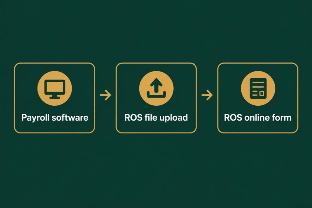 Three ways to submit ERR reports: payroll software, ROS file upload and ROS online form