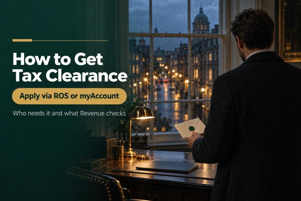 How to get a tax clearance certificate in Ireland: business owner reviewing a sealed Revenue letter at dusk