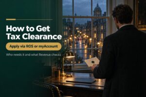 How to get a tax clearance certificate in Ireland: business owner reviewing a sealed Revenue letter at dusk