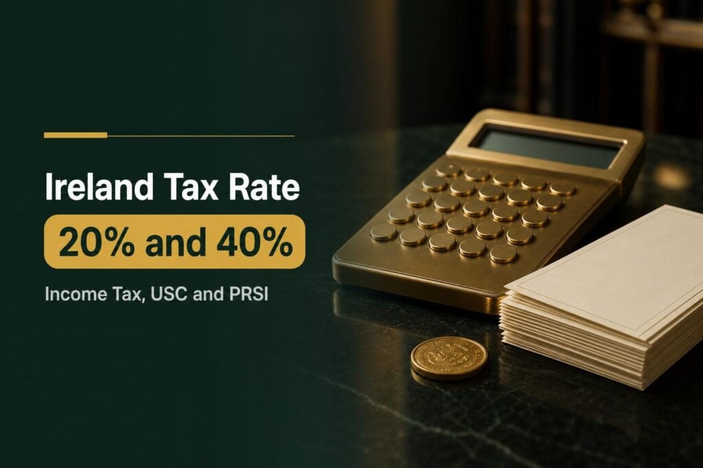 Ireland tax rate 2026 banner: Income Tax at 20 percent and 40 percent, with USC and PRSI