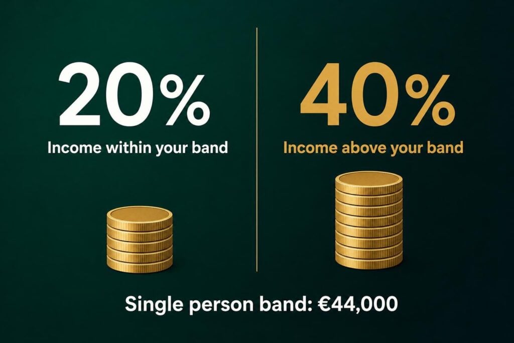 Income Tax in Ireland: 20 percent within your standard-rate band, 40 percent on income above it