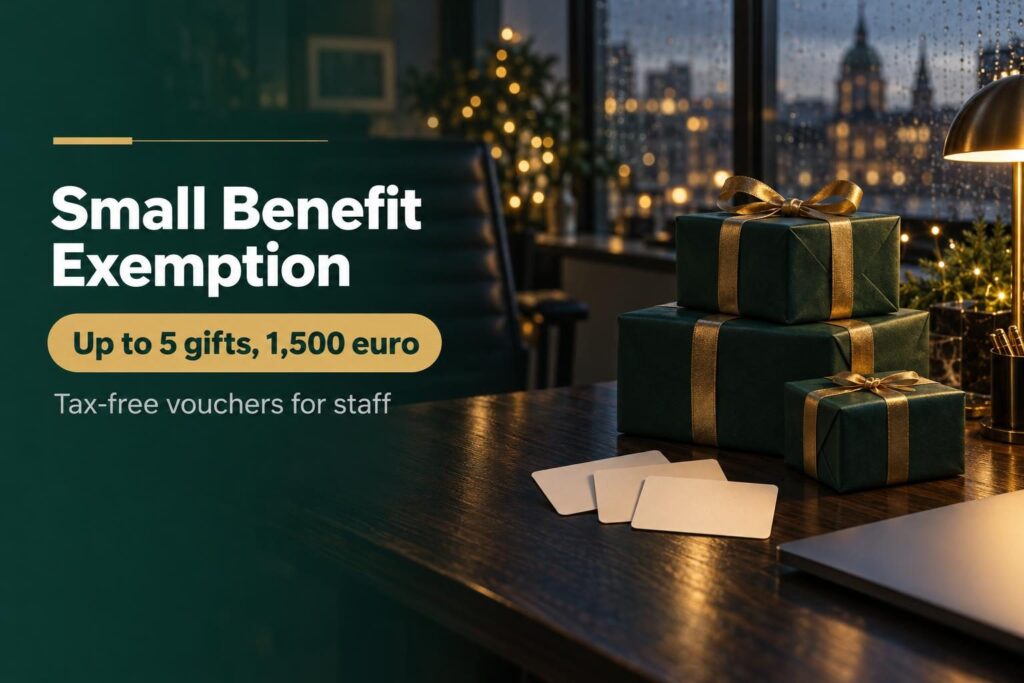 Small benefit exemption in Ireland: wrapped gift boxes and gift cards on an office desk at dusk