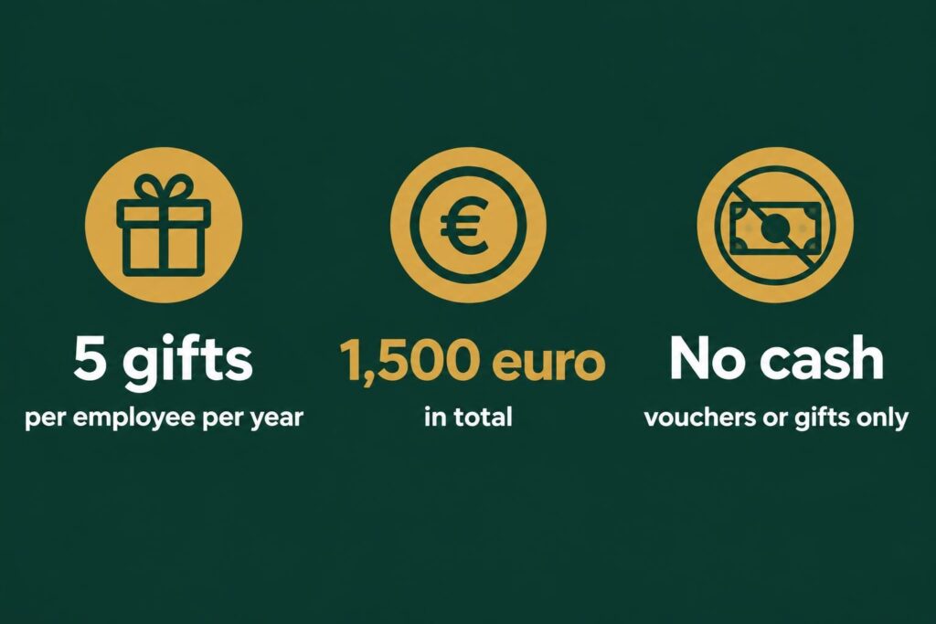 Small benefit exemption limits: up to 5 gifts per employee per year, up to 1,500 euro in total, no cash