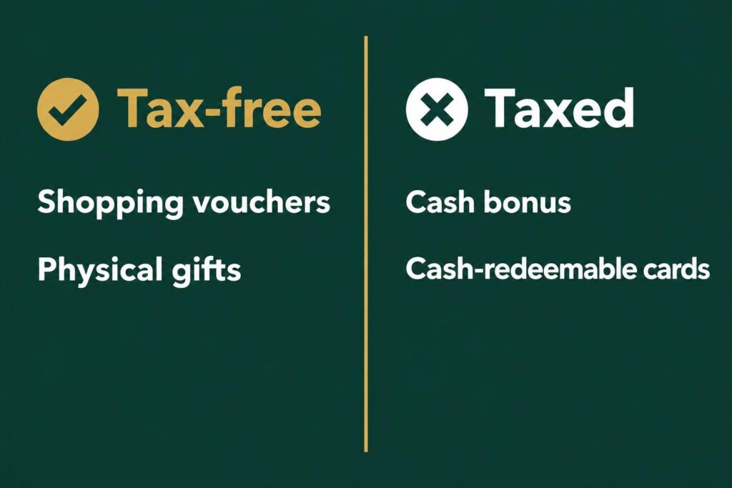 What qualifies: shopping vouchers and physical gifts; what does not: cash bonus and cash-redeemable cards