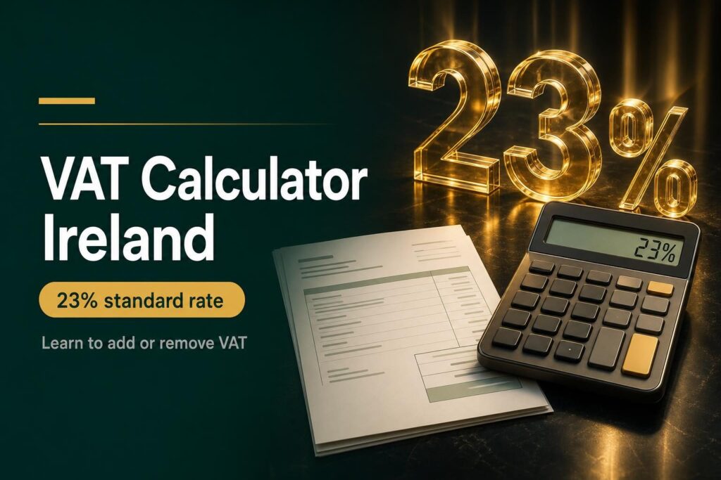 Irish VAT calculator beside an invoice and large gold 23% figures on a dark emerald background.