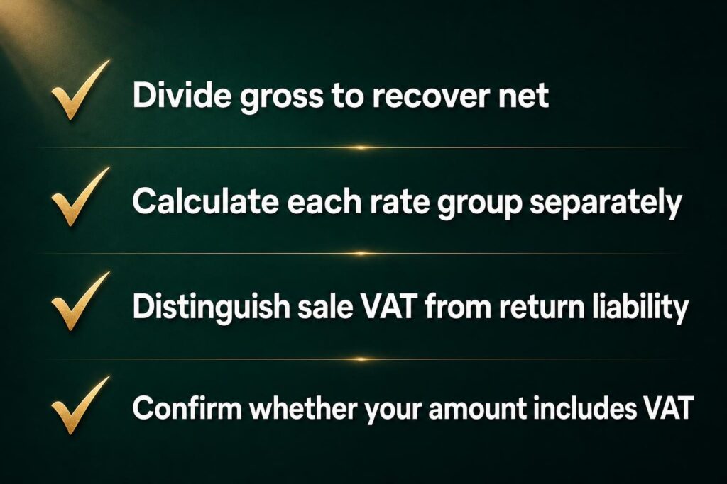 Four checks to avoid errors with gross amounts, mixed rates and VAT return liability.