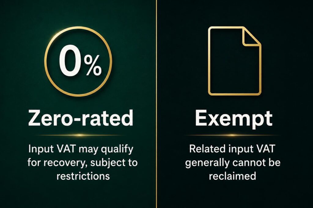 Zero-rated supplies may allow input VAT recovery, while exempt supplies generally do not.