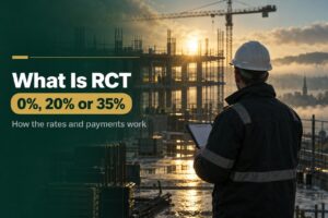What is RCT in Ireland: construction site at dawn with a site manager holding a clipboard